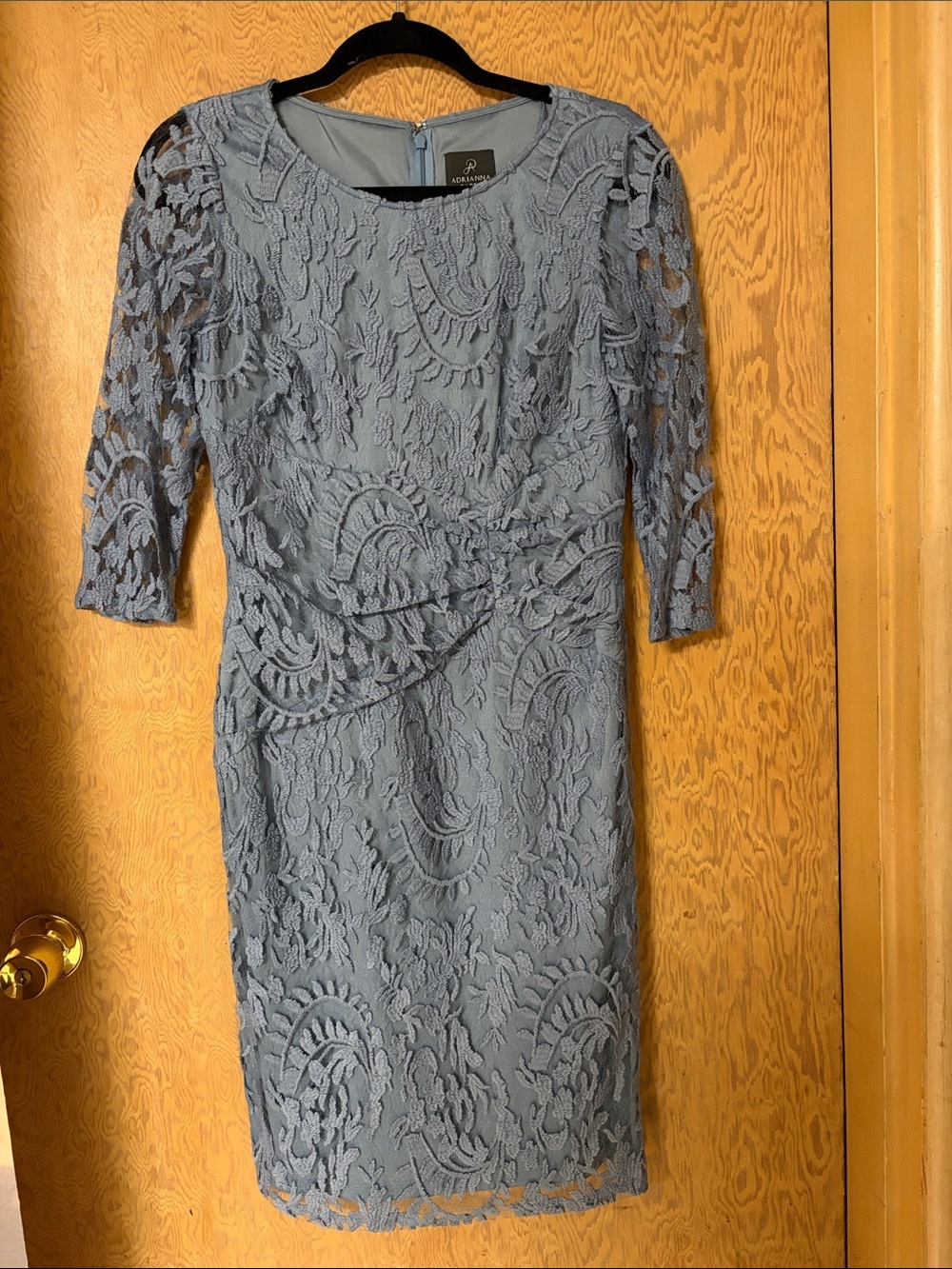 Adrianna Papell Dusty Blue Lace Midi Dress with Three-Quarter Sleeves